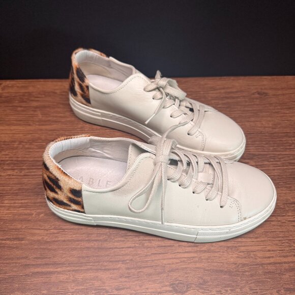 ABLE White Leather Sneakers with Leopard Print Heel Size 8 - Picture 1 of 5